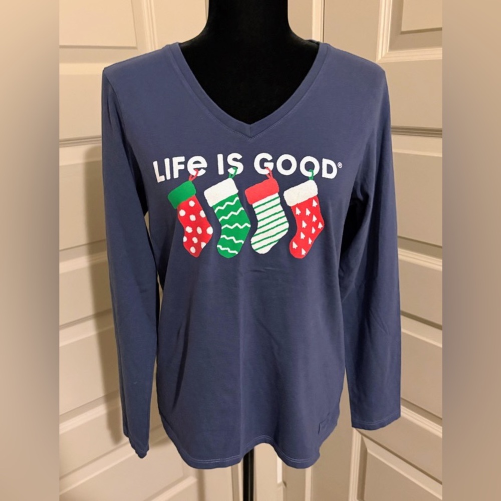 Life Is Good Navy Christmas Stockings B Neck Long Sleeve Crusher T Short